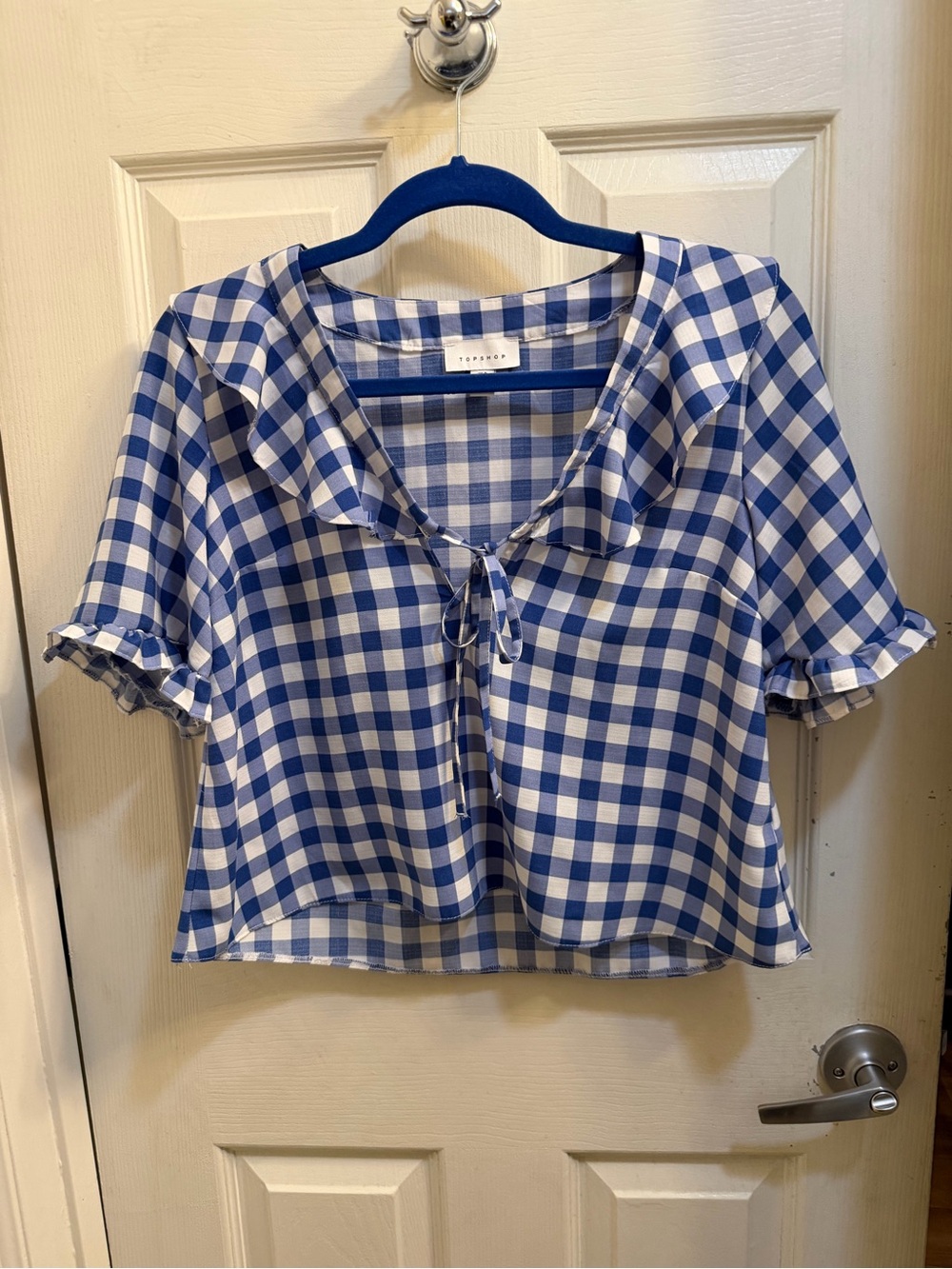 Topshop Blue Gingham Tie-Front Ruffle Collar Blouse Top Shop US 4 UK 8